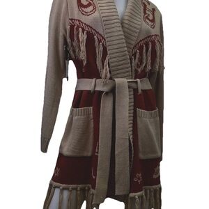 Fringed Open Front Belted Cardigan Sweater - Beige and Rust